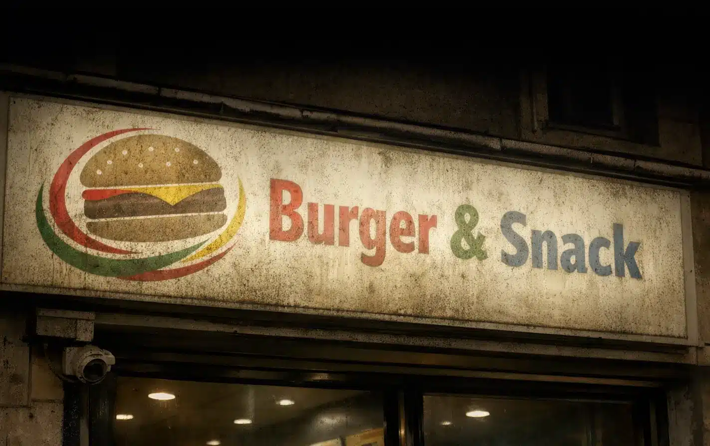 Enseigne délabrée poussiéreuse nuit