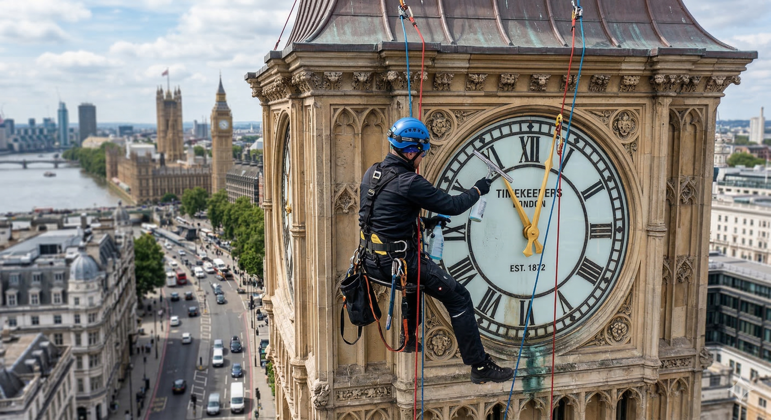 Nettoyage horloge avec équipements de trauvaux sur cordes