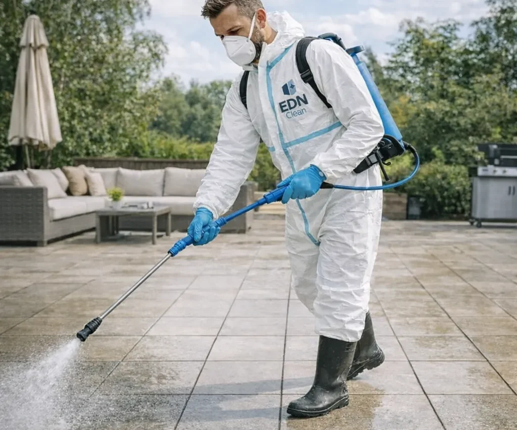 Nettoyage terasse avec pulvérisateur