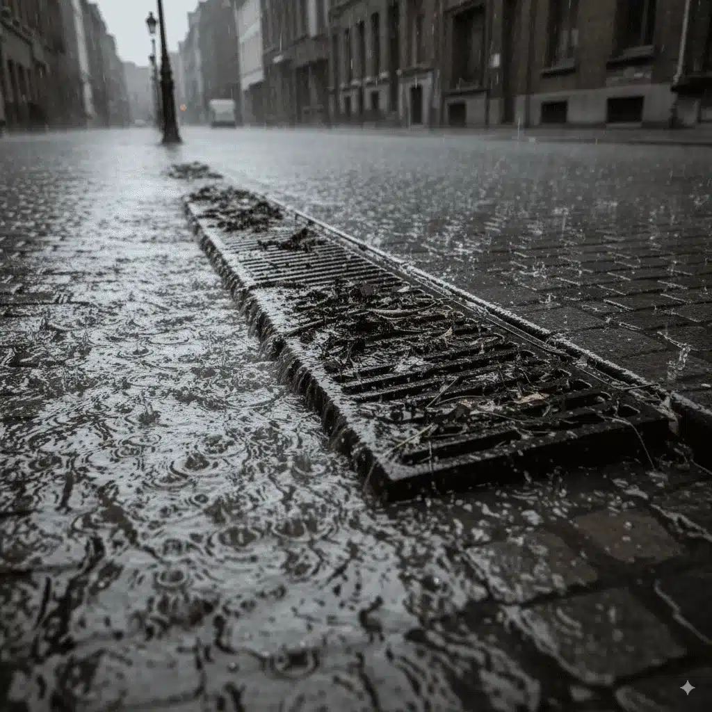 Caniveaux avec eaux stagnantes et refoulées