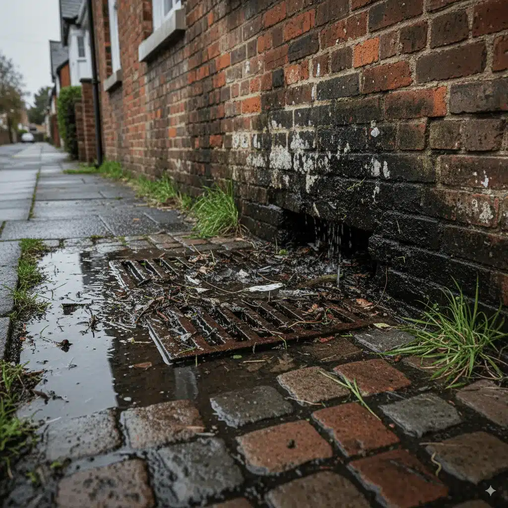 Mur d'une maison dégradé à cause du mauvais entretien des caniveaux