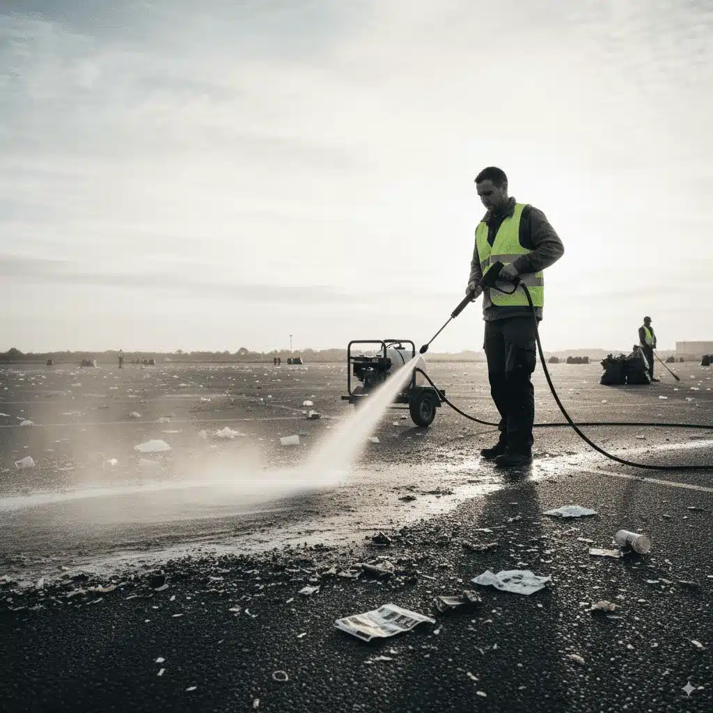 Nettoyage à haute-pression d'un parking après événement