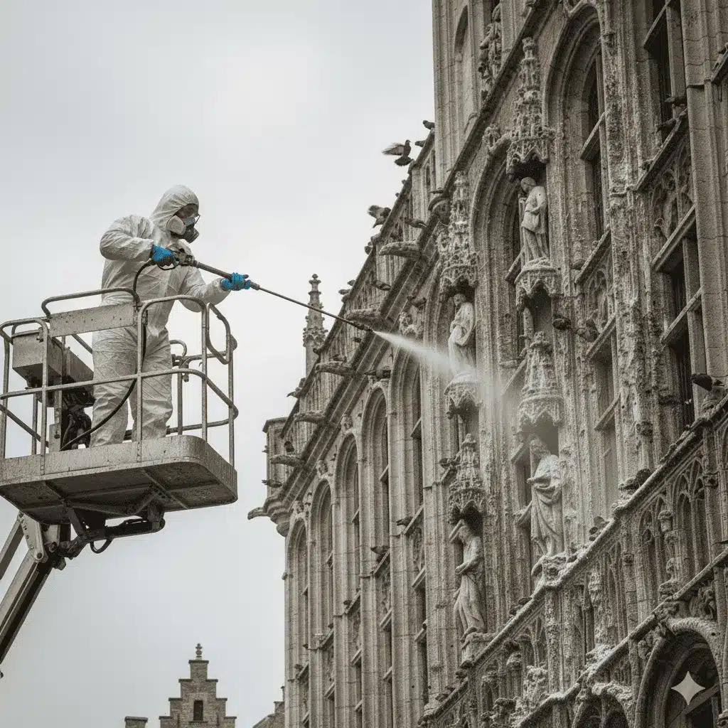 Pulvérisation produit désinfectant fientes pigeons