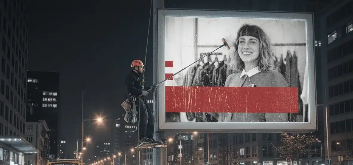 Nettoyage panneau publicitaire avec matériel de grimpe et perche télescopique