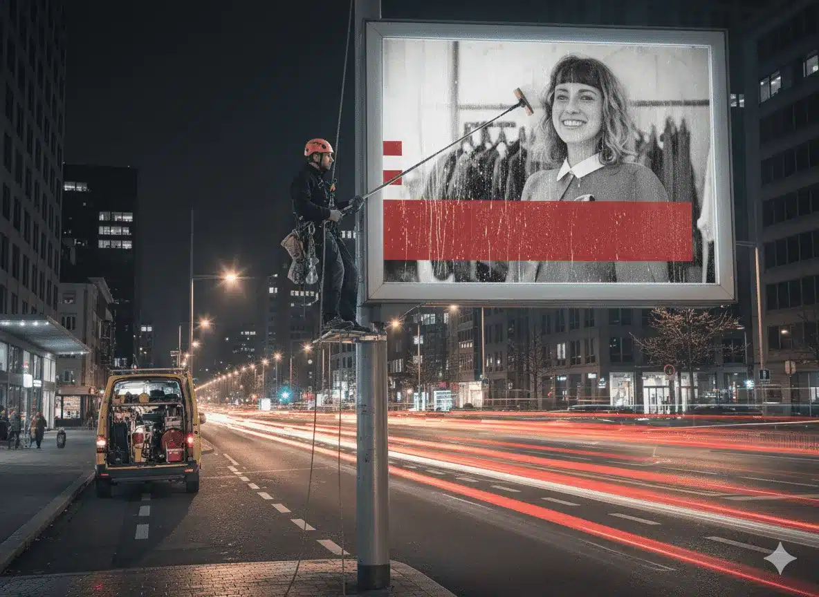 Nettoyage panneau publicitaire avec matériel de grimpe et perche télescopique