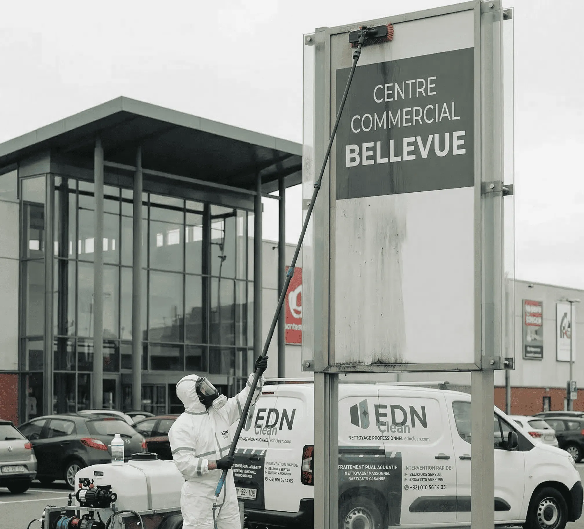 Nettoyage perche télescopique d'enseigne et totem de magasin